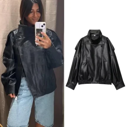 TFMLN Chic Black Faux Leather Jackets Women Long Sleeve Buttons Elastic Oversized Coats Fashion 2025 Autumn Winter Streetwear